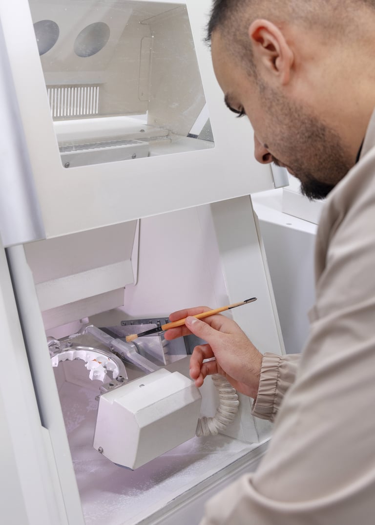 Técnico dental fabricando corona con fresadora CAM