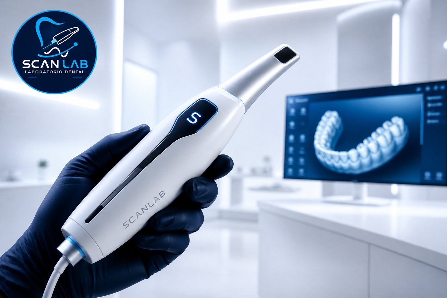 Profesional dental sosteniendo escáner intraoral ScanLab con escaneo 3D de diente en pantalla